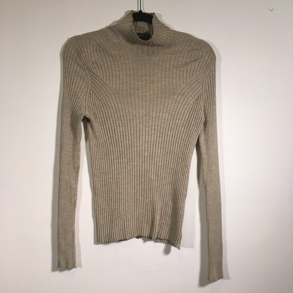 AKRIS Beige Ribbed Turtleneck Sweater 12